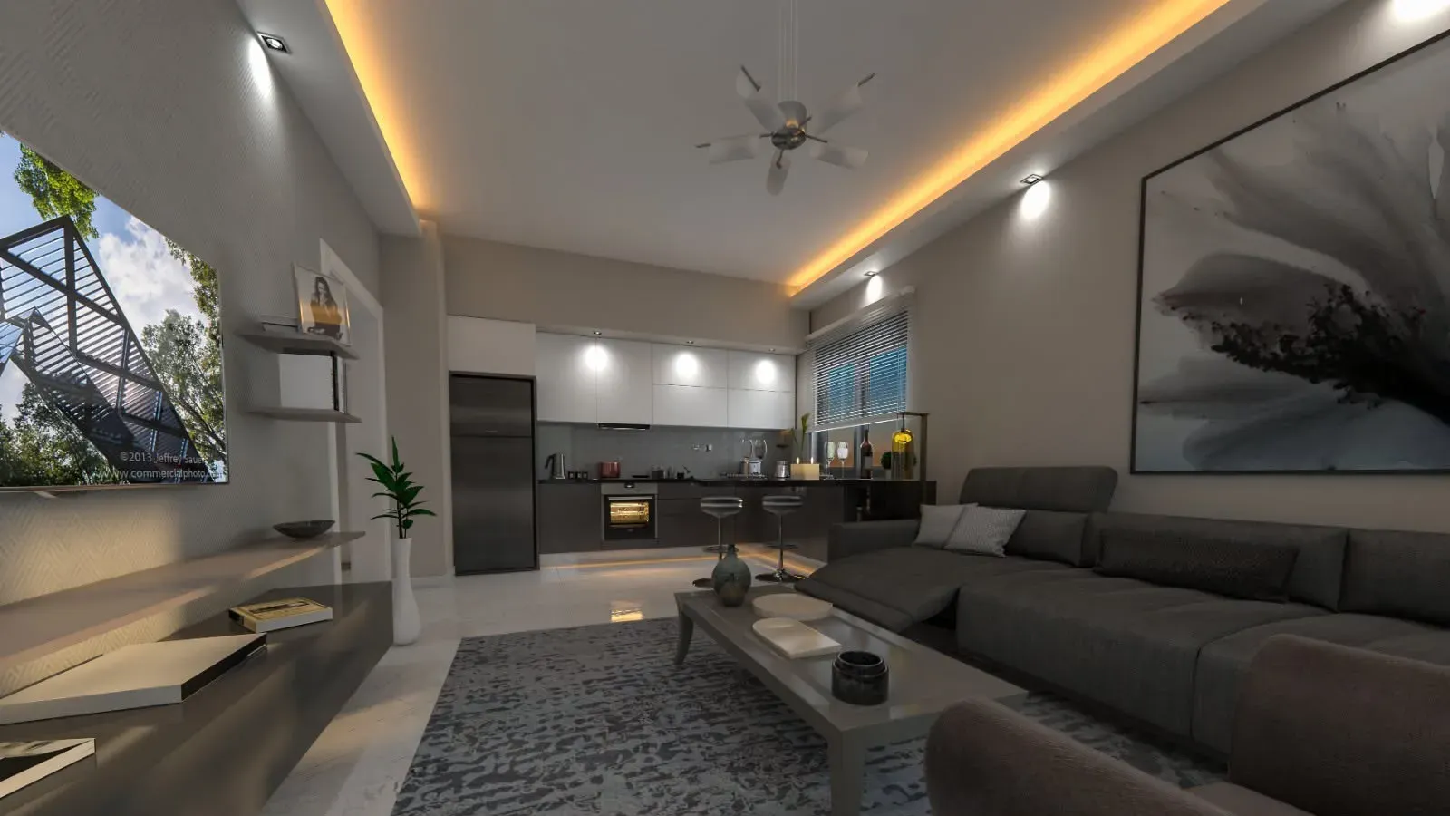 Living room with open-plan kitchen